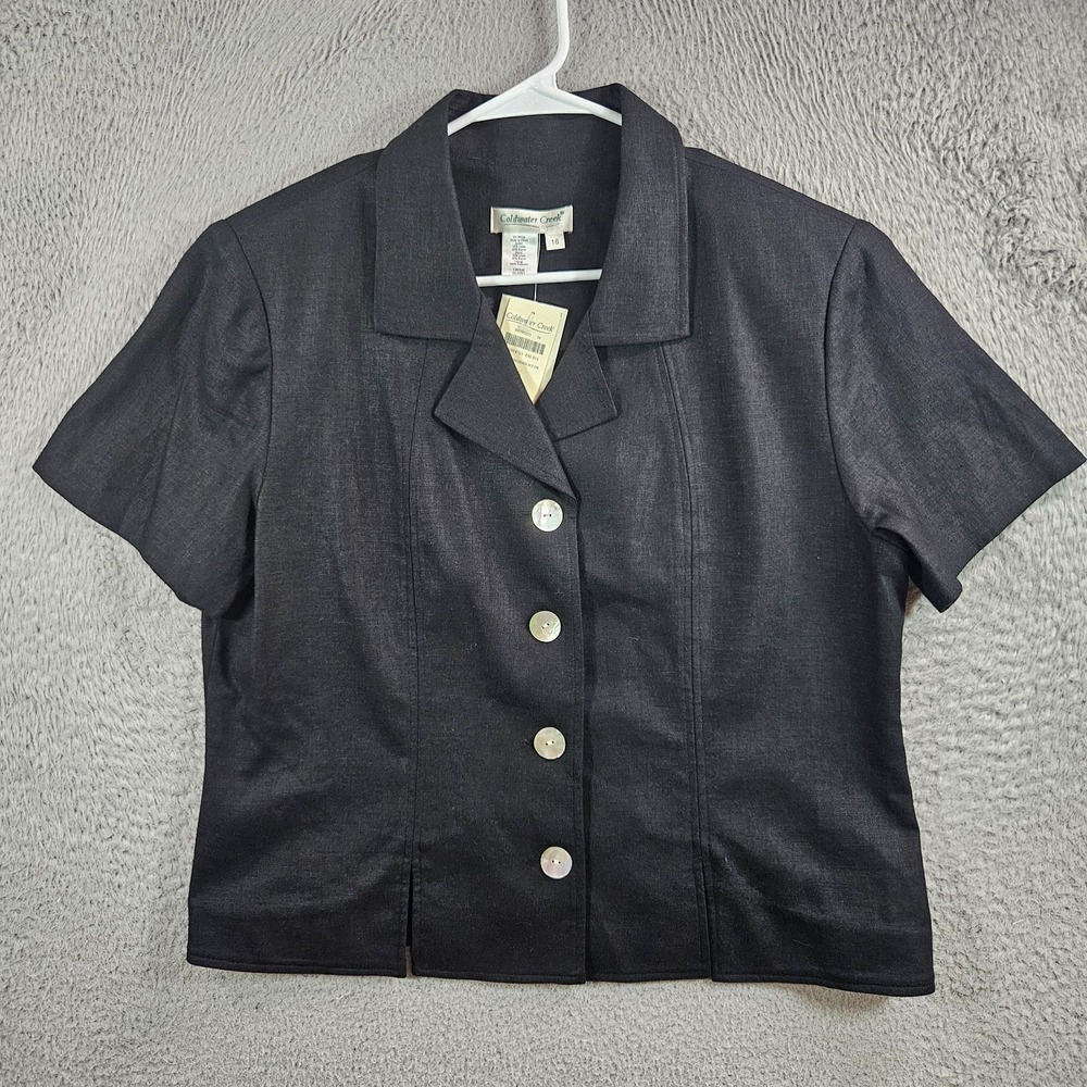 $79 NEW Coldwater Creek linen Blend Shirt Women 16 Button Up Short Sleeve Black